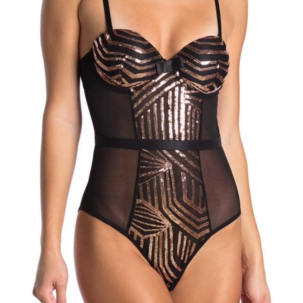 Secret Lace Sequin Panel Bodysuit Black Gold Night Luxe Size 3X
